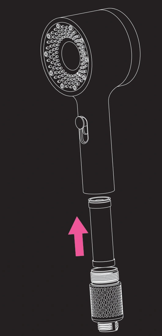 Original product-guide illustration showing the filter cartridge, open lower handle and direction of insertion