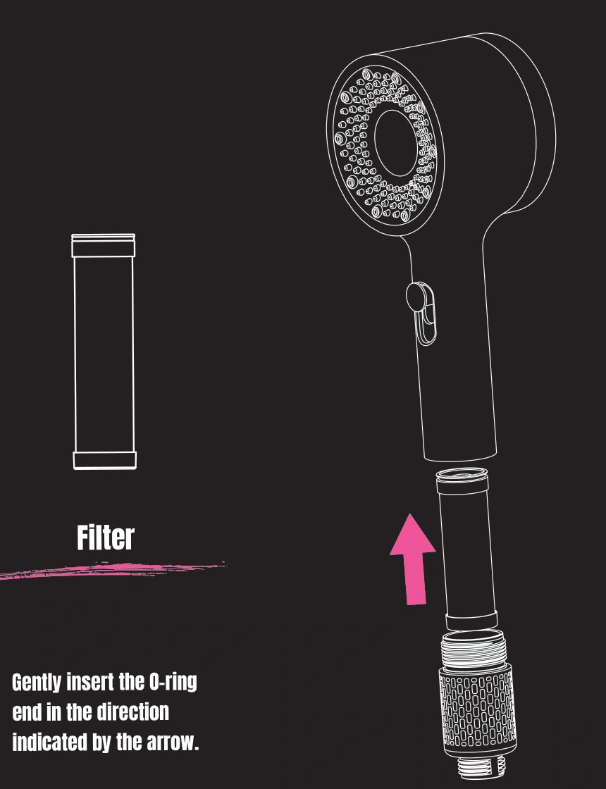 Original product-guide illustration showing the filter cartridge, open lower handle and direction of insertion