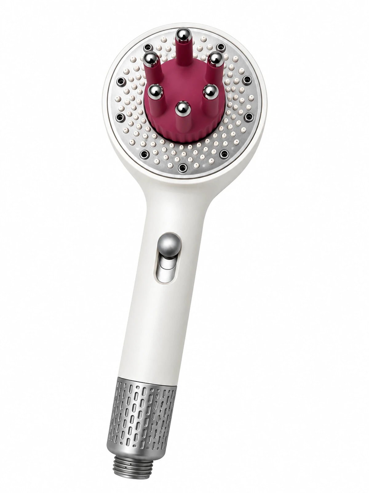 Front view of the White handshower with the six-finger Magenta Claw