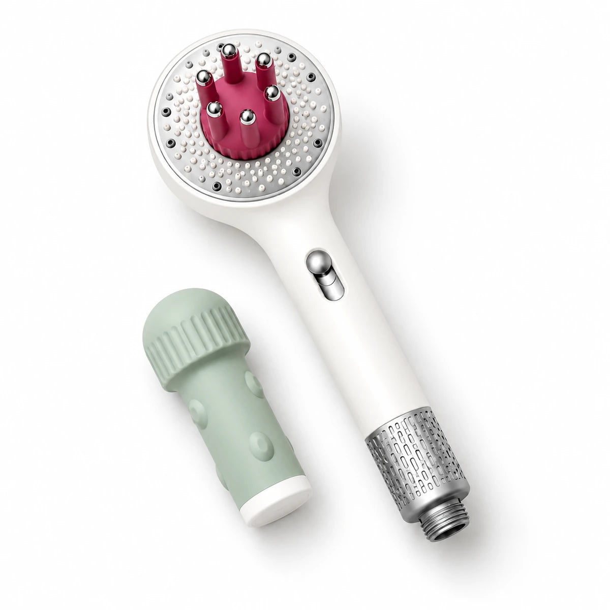 One White handshower with magenta Claw fitted and the included green Dome beside it